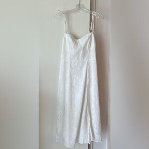 Lulus-Loveliest Looks White Floral Jacquard Tie-Strap Midi Dress with slit (L)